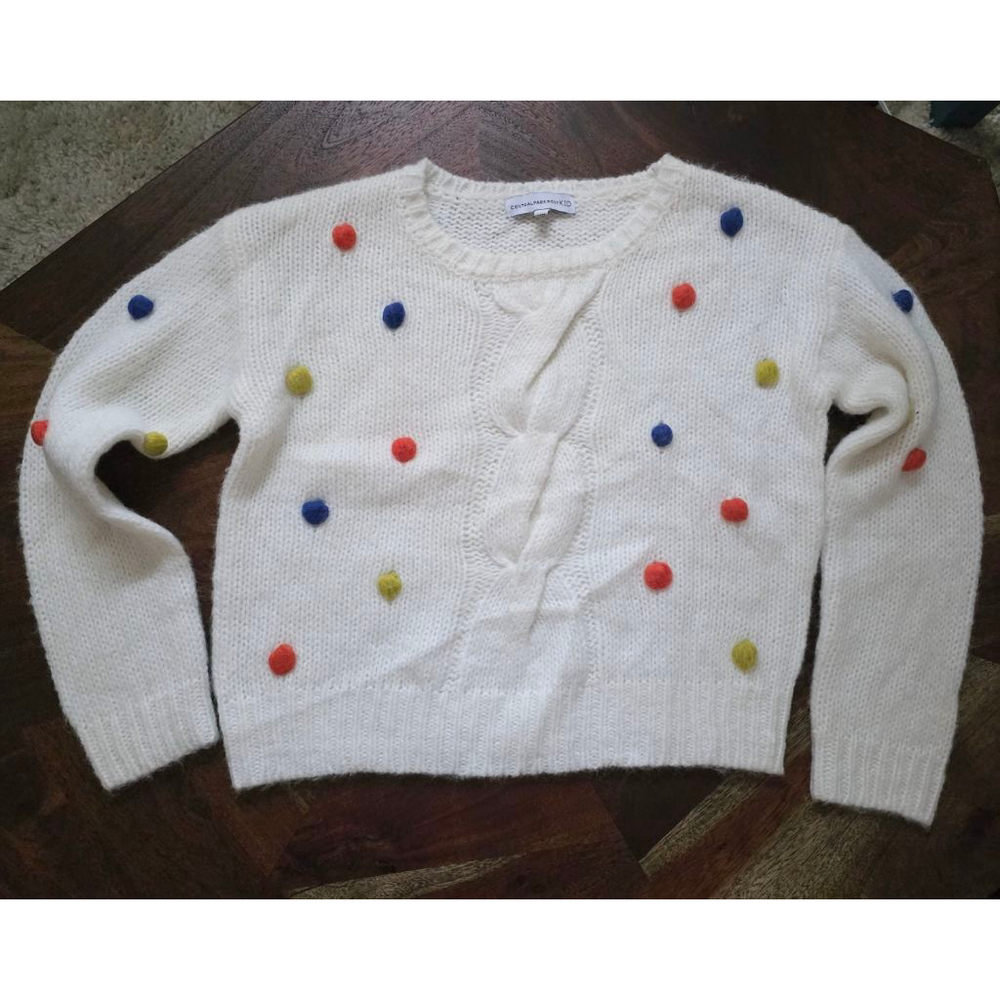 Girls' Central Park West Kid White Rainbow Pom Pom Cable Knit Sweater XL